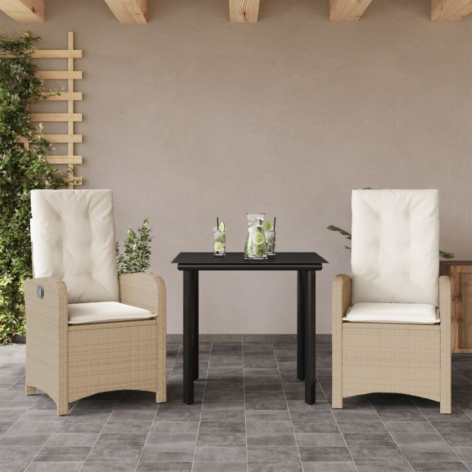 vidaXL 3-delige Tuinset met kussens poly rattan beige afbeelding 1