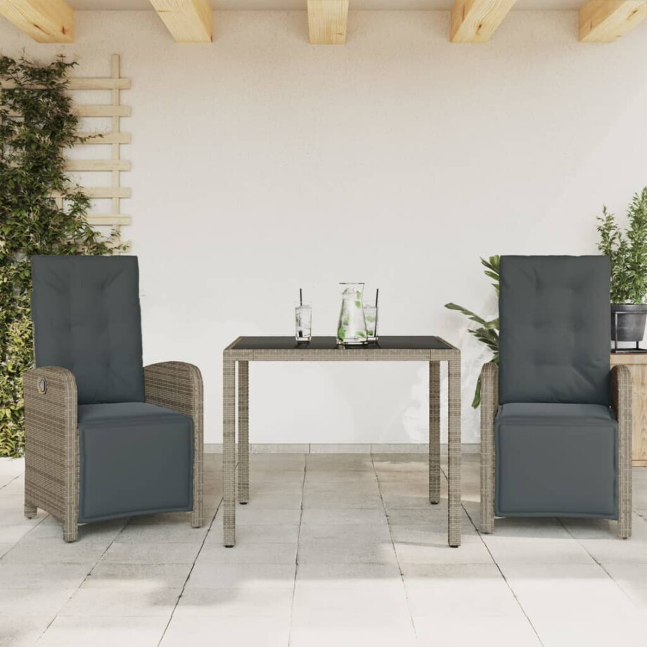 vidaXL 3-delige Bistroset met kussens poly rattan grijs afbeelding 1