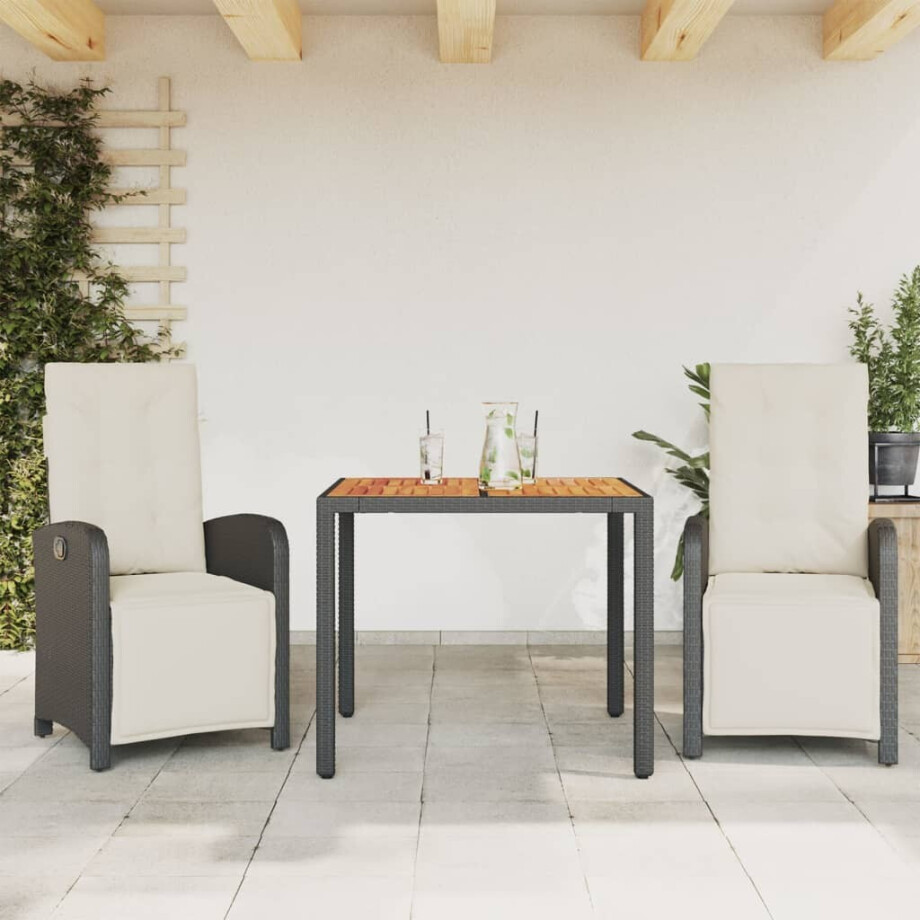 vidaXL 3-delige Bistroset met kussens poly rattan zwart afbeelding 1