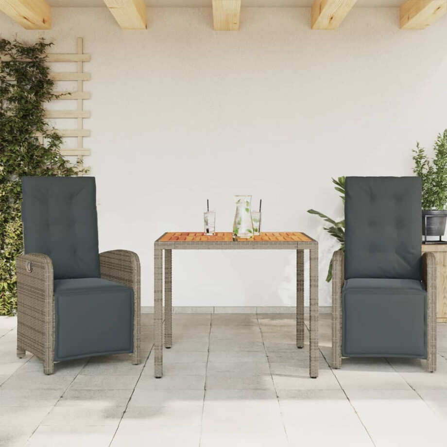 vidaXL 3-delige Bistroset met kussens poly rattan grijs afbeelding 1
