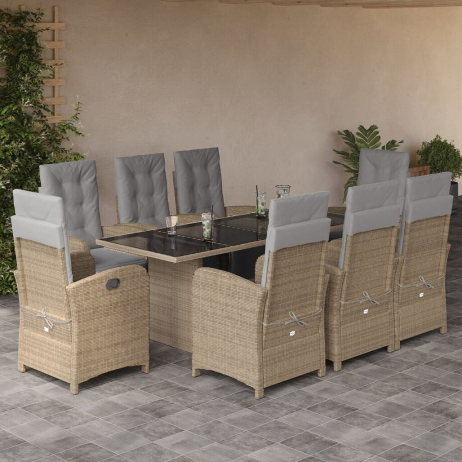 vidaXL 9-delige Tuinset met kussens poly rattan beige afbeelding 1
