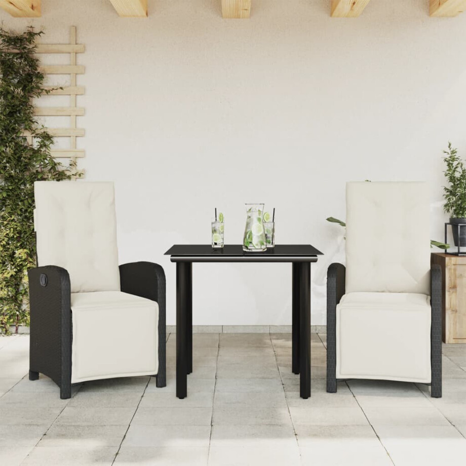 vidaXL 3-delige Bistroset met kussens poly rattan zwart afbeelding 1
