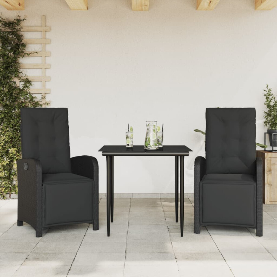 vidaXL 3-delige Bistroset met kussens poly rattan zwart vidaXL 3-delige Bistroset met kussens poly rattan zwart afbeelding 1