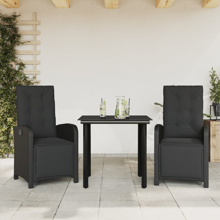 vidaXL 3-delige Bistroset met kussens poly rattan zwart vidaXL 3-delige Bistroset met kussens poly rattan zwart afbeelding 1