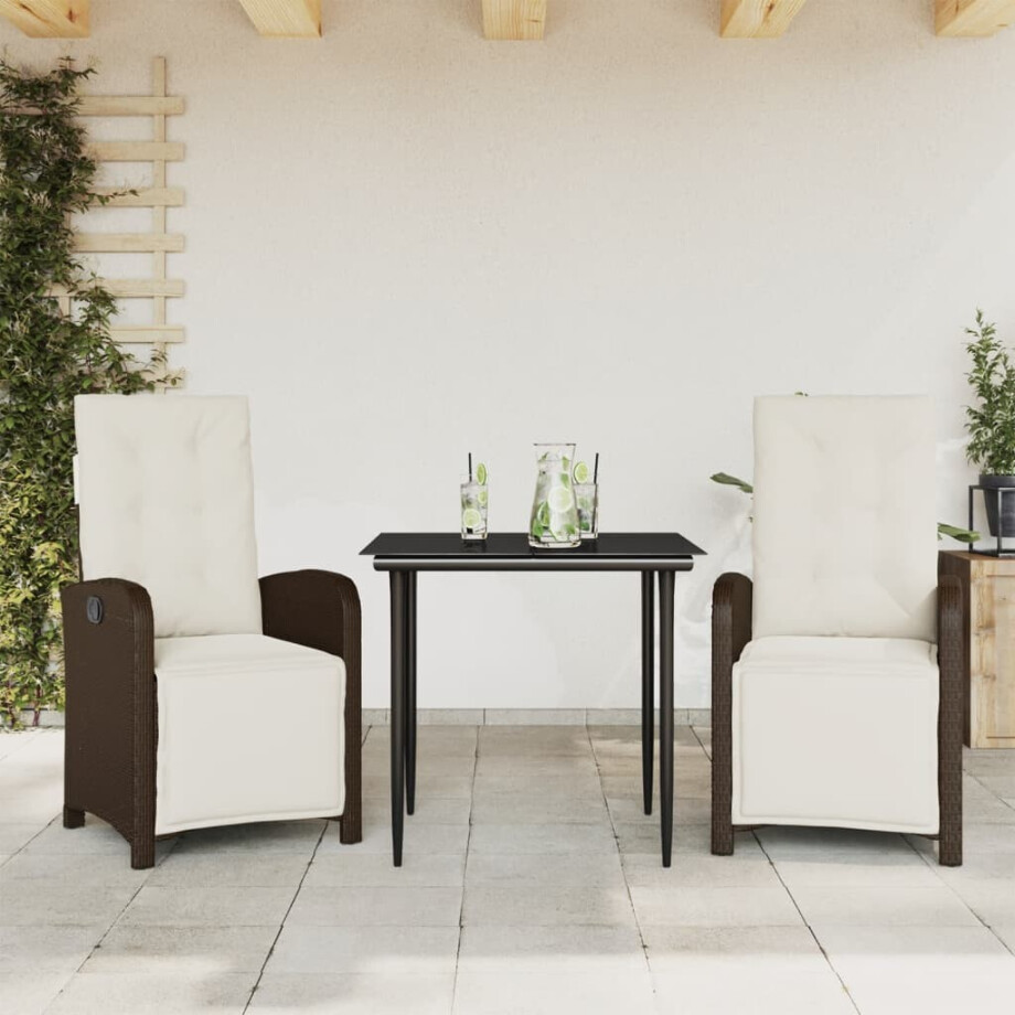 vidaXL 3-delige Bistroset met kussens poly rattan bruin afbeelding 1