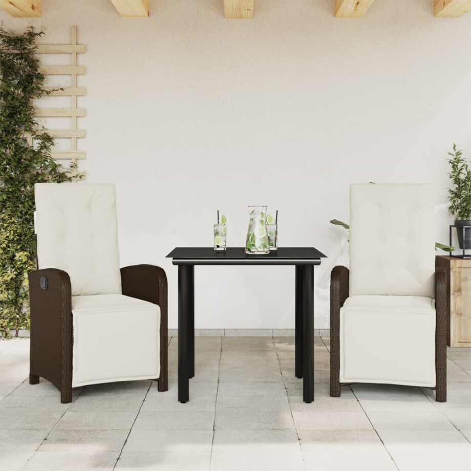 vidaXL 3-delige Bistroset met kussens poly rattan bruin afbeelding 1