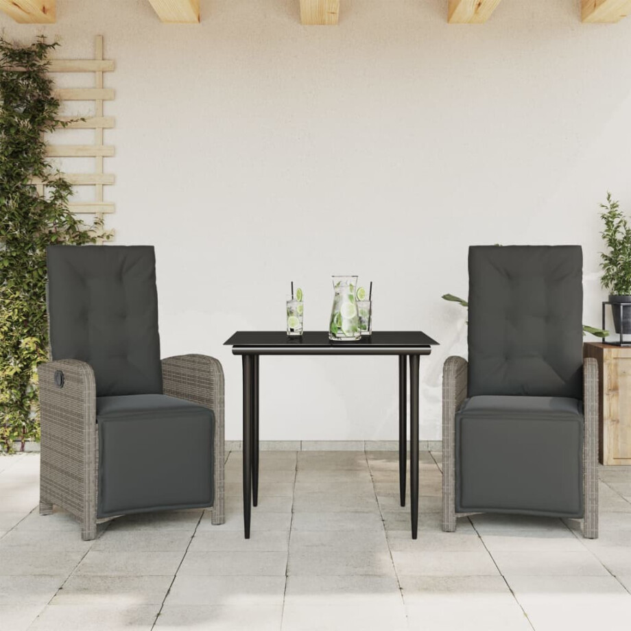 vidaXL 3-delige Bistroset met kussens poly rattan grijs afbeelding 1