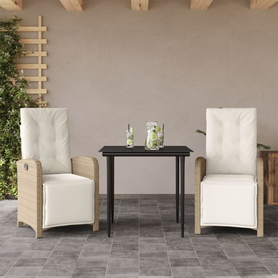 vidaXL 3-delige Bistroset met kussens poly rattan beige afbeelding 1