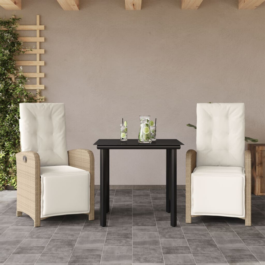 vidaXL 3-delige Bistroset met kussens poly rattan beige afbeelding 1