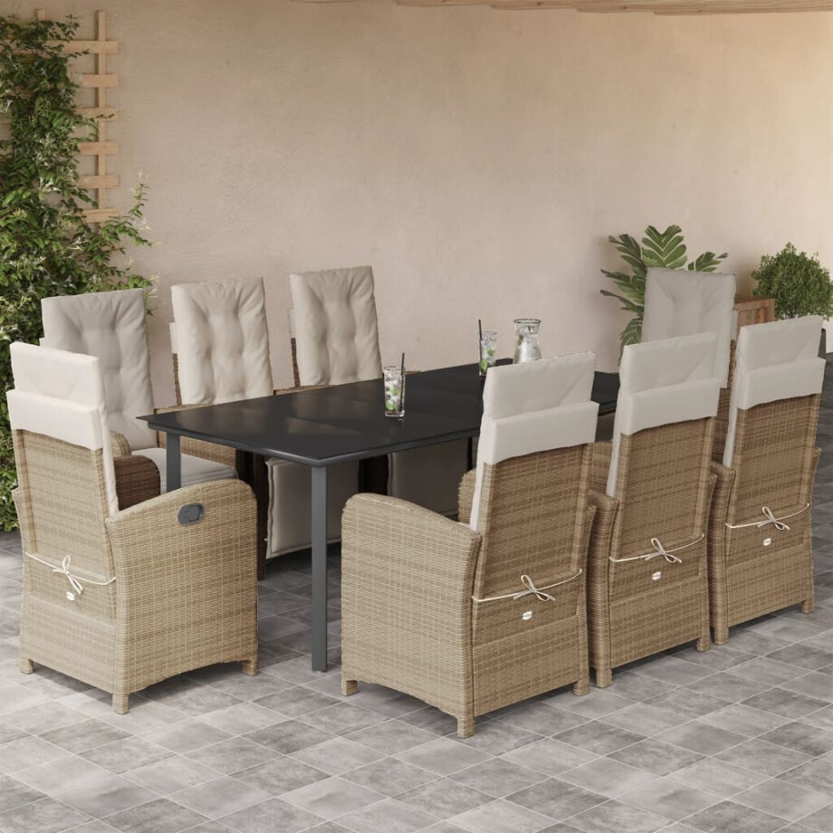 vidaXL 9-delige Tuinset met kussens poly rattan beige afbeelding 1
