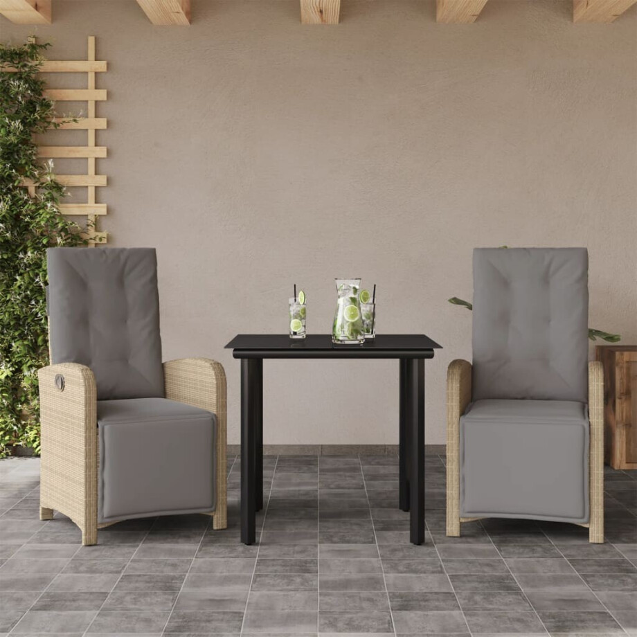 vidaXL 3-delige Bistroset met kussens poly rattan beige afbeelding 1