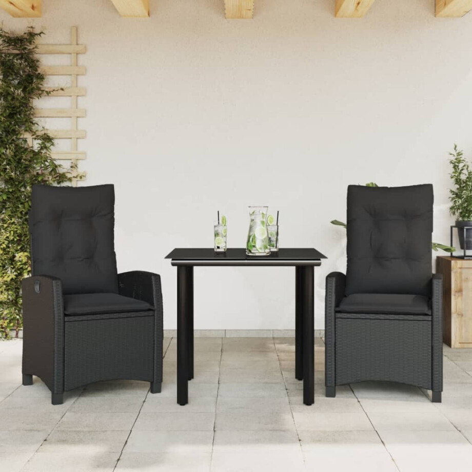 vidaXL 3-delige Tuinset met kussens poly rattan zwart afbeelding 1