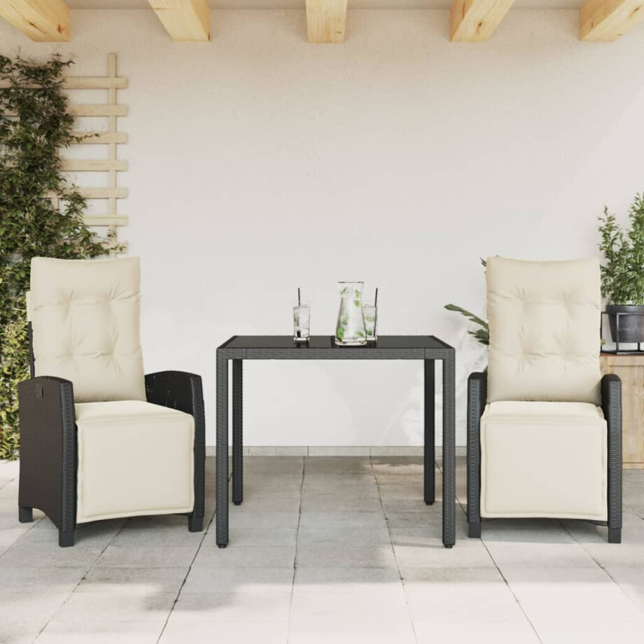 vidaXL 3-delige Tuinset met kussens poly rattan zwart afbeelding 1