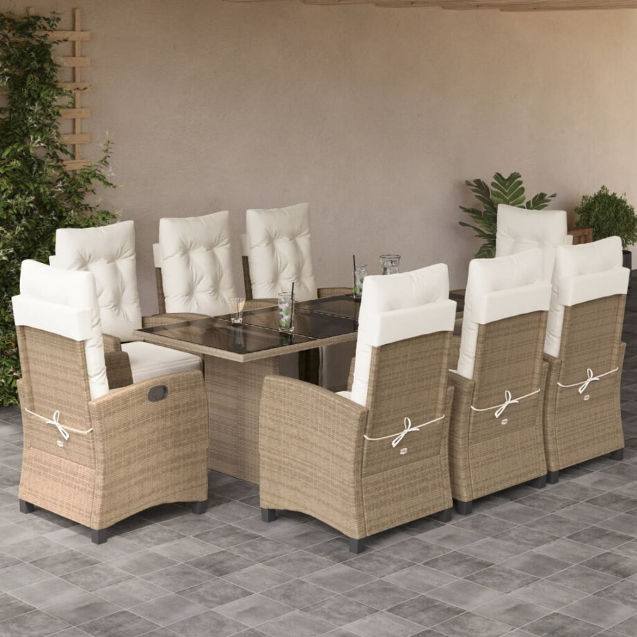 vidaXL 9-delige Tuinset met kussens poly rattan beige afbeelding 1
