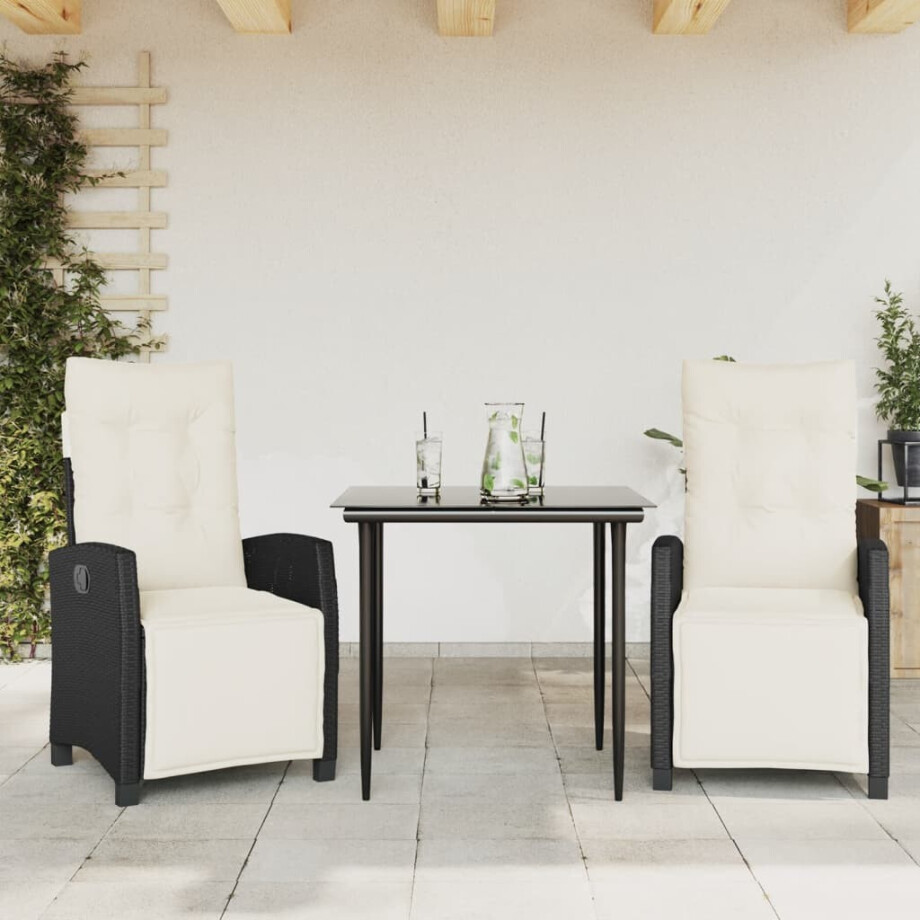 vidaXL 3-delige Tuinset met kussens poly rattan zwart vidaXL 3-delige Tuinset met kussens poly rattan zwart afbeelding 1
