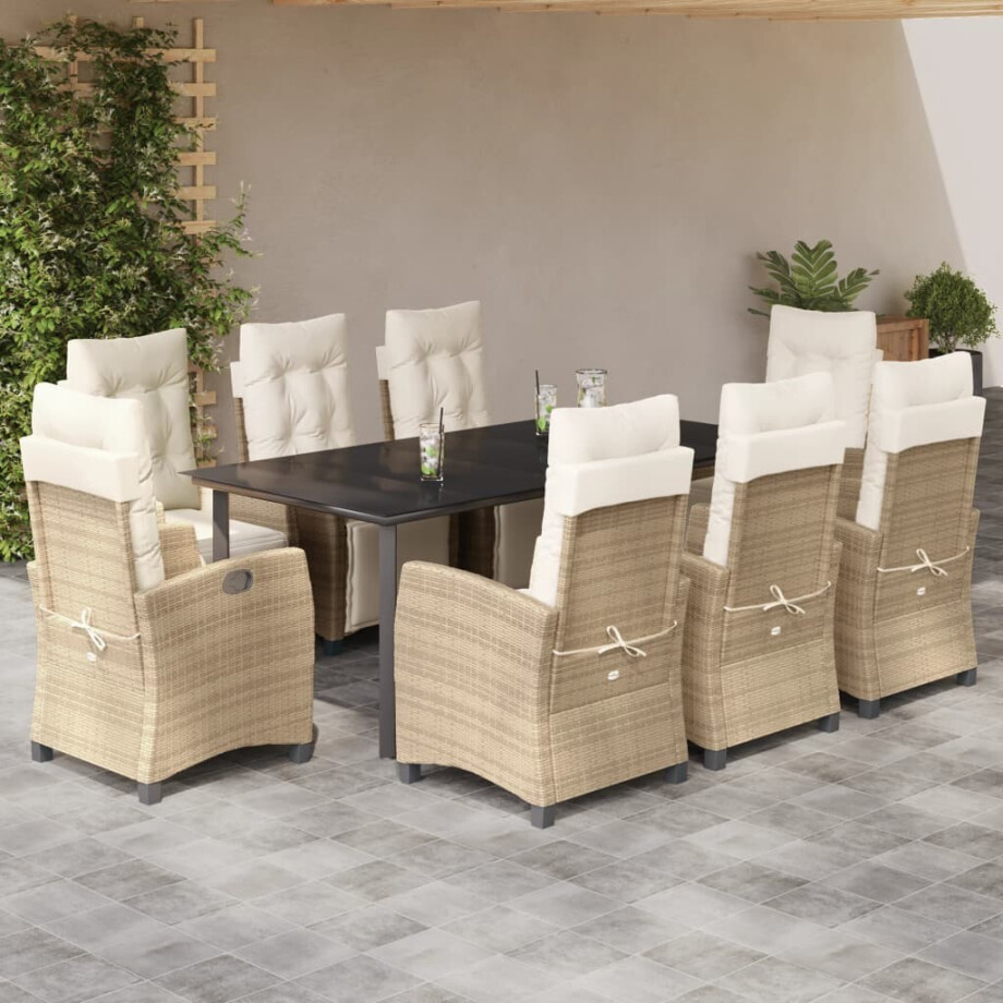 vidaXL 9-delige Tuinset met kussens poly rattan beige afbeelding 1