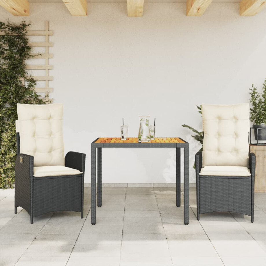 vidaXL 3-delige Tuinset met kussens poly rattan zwart afbeelding 1