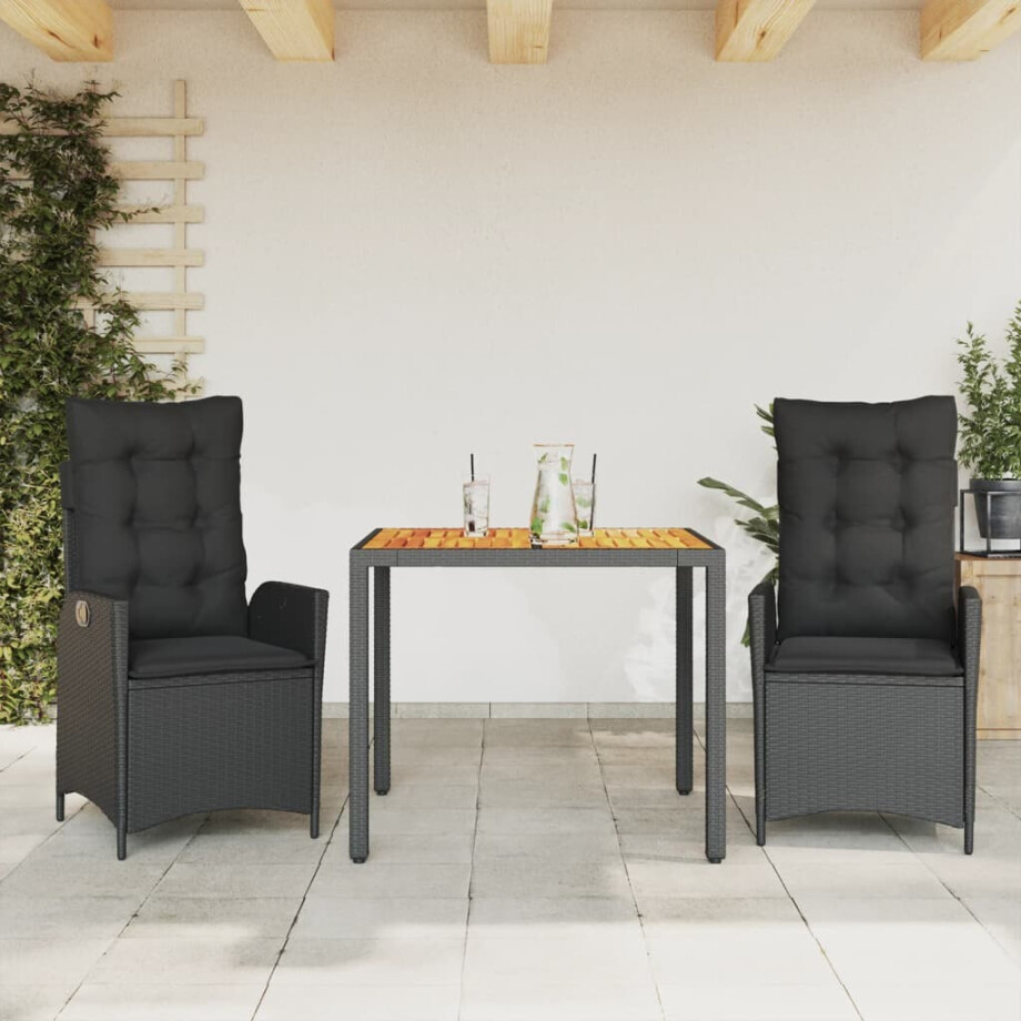 vidaXL 3-delige Tuinset met kussens poly rattan zwart afbeelding 1