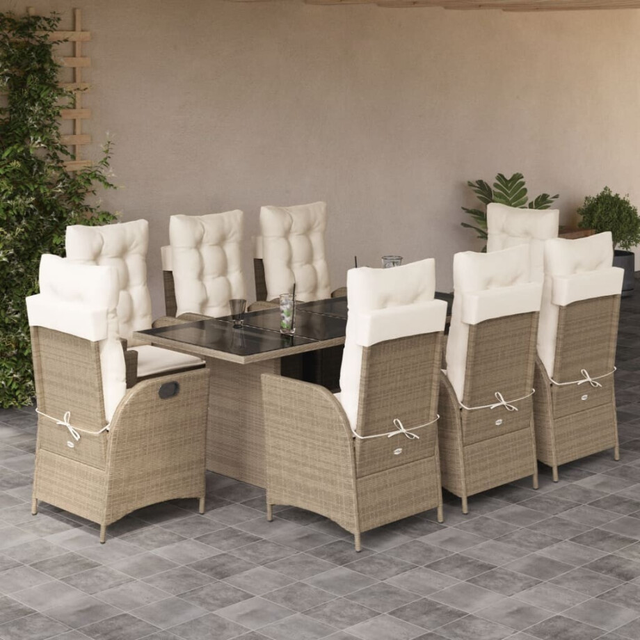 vidaXL 9-delige Tuinset met kussens poly rattan beige afbeelding 1