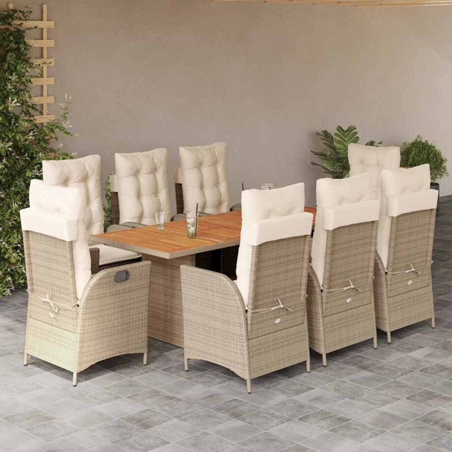 vidaXL 9-delige Tuinset met kussens poly rattan beige afbeelding 1