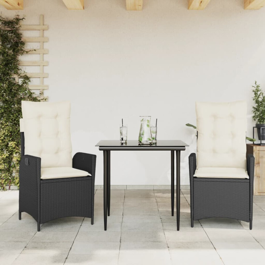 vidaXL 3-delige Tuinset met kussens poly rattan zwart afbeelding 1