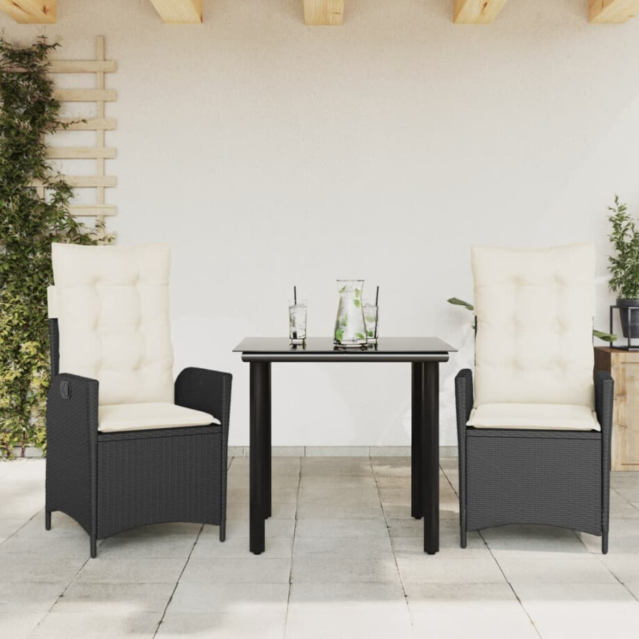 vidaXL 3-delige Tuinset met kussens poly rattan zwart afbeelding 1