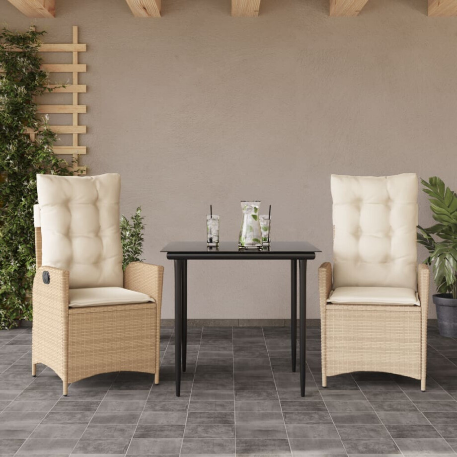 vidaXL 3-delige Tuinset met kussens poly rattan beige afbeelding 1