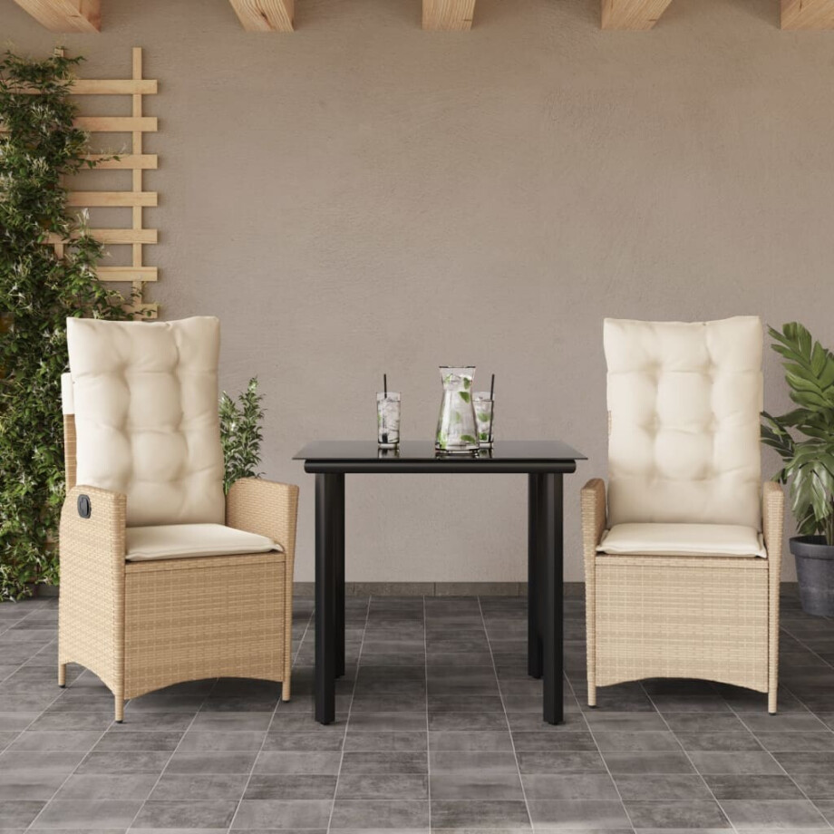 vidaXL 3-delige Tuinset met kussens poly rattan beige afbeelding 1