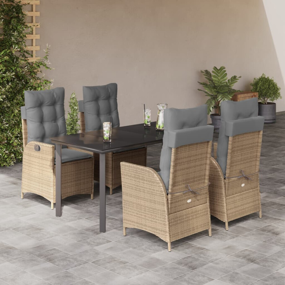 vidaXL 5-delige Tuinset met kussens poly rattan beige afbeelding 1