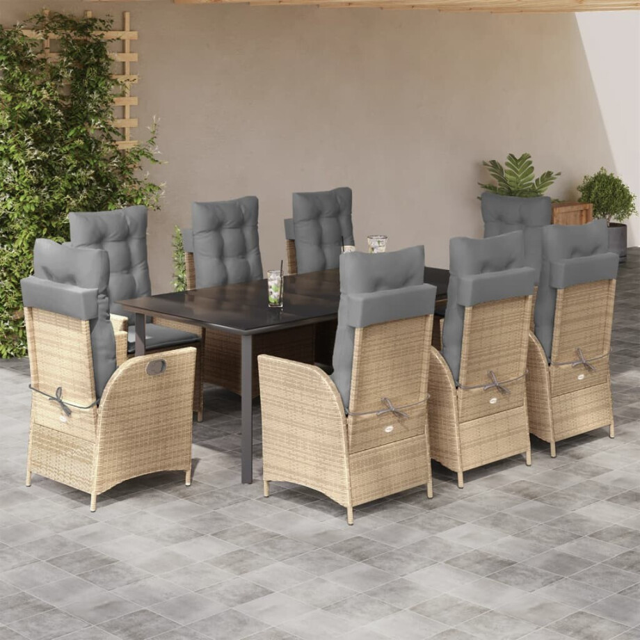 vidaXL 9-delige Tuinset met kussens poly rattan beige afbeelding 1