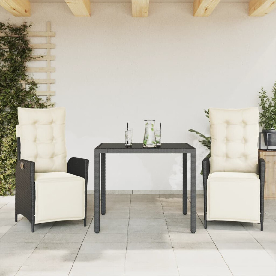 vidaXL 3-delige Tuinset met kussens poly rattan zwart afbeelding 1