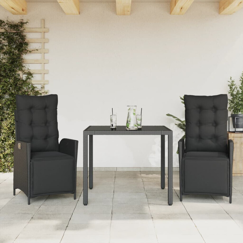 vidaXL 3-delige Tuinset met kussens poly rattan zwart vidaXL 3-delige Tuinset met kussens poly rattan zwart afbeelding 1