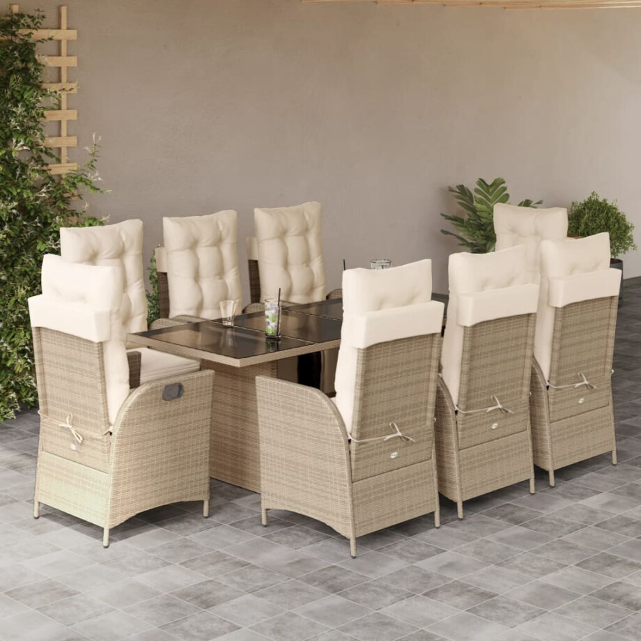 vidaXL 9-delige Tuinset met kussens poly rattan beige afbeelding 1