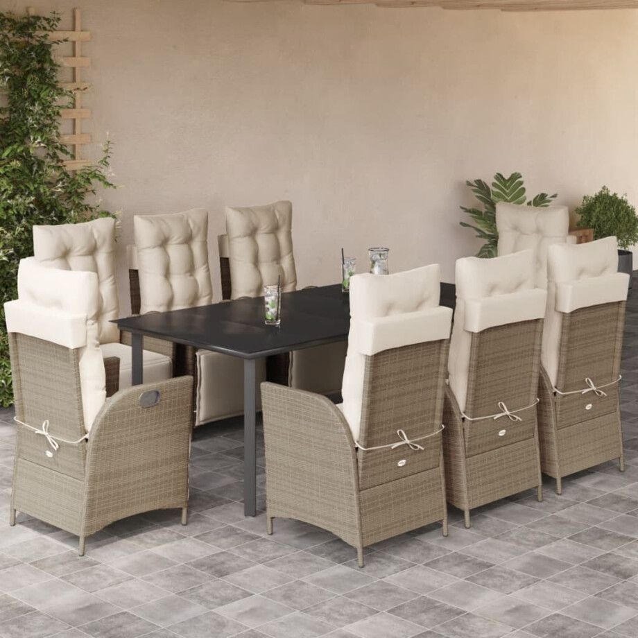 vidaXL 9-delige Tuinset met kussens poly rattan beige afbeelding 1