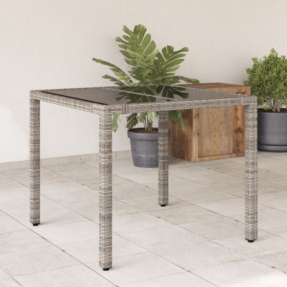 vidaXL Tuintafel met glazen blad 90x90x75 cm poly rattan grijs afbeelding 1