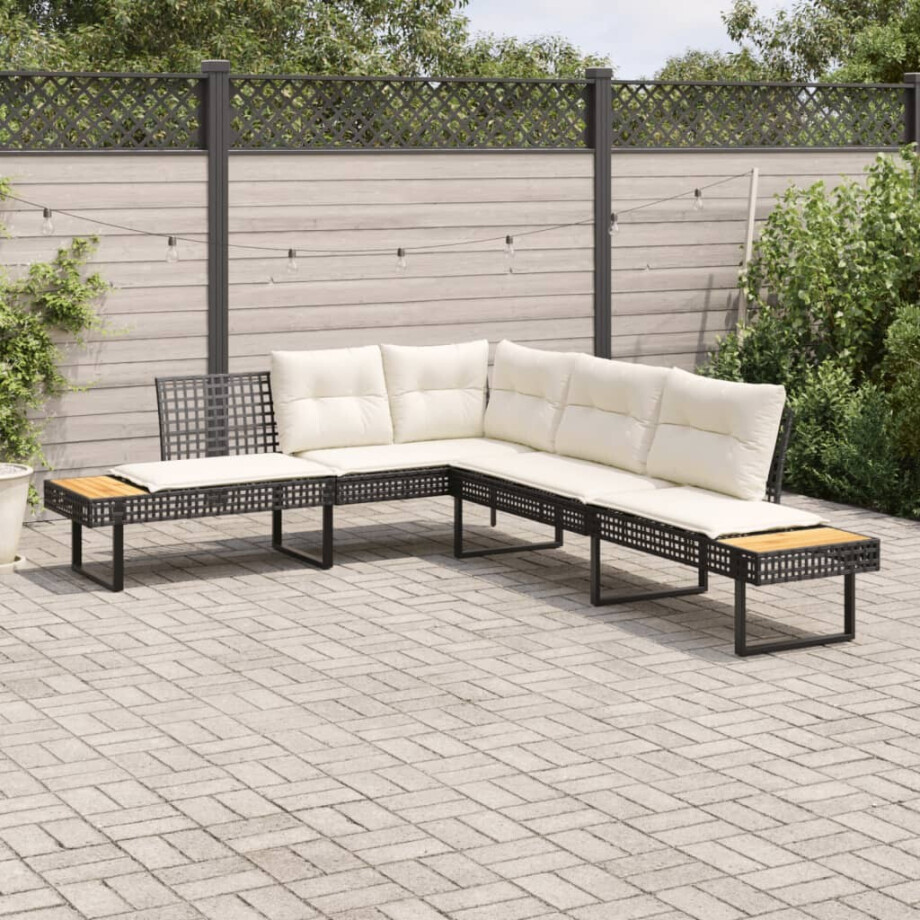 vidaXL Tuinbank met kussens L-vormig poly rattan en acaciahout zwart vidaXL Tuinbank met kussens L-vormig poly rattan en acaciahout zwart afbeelding 1