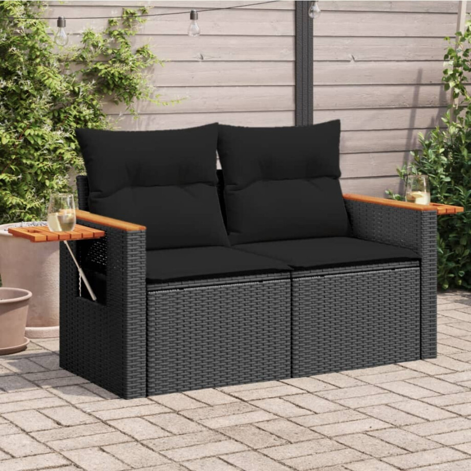 vidaXL Tuinbank 2-zits met kussens poly rattan zwart afbeelding 1