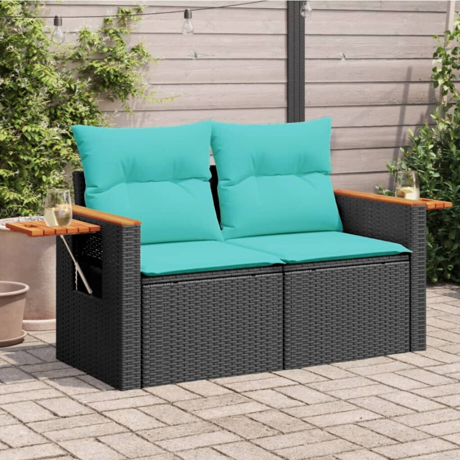 vidaXL Tuinbank 2-zits met kussens poly rattan zwart afbeelding 1