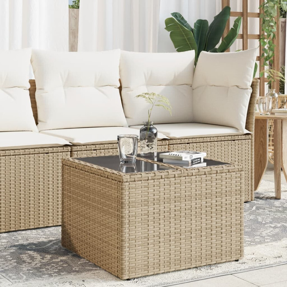 vidaXL Tuintafel met glazen blad 55x55x37 cm poly rattan beige afbeelding 1