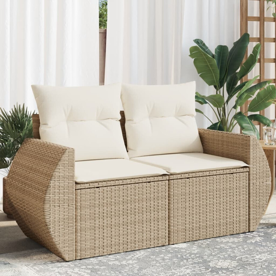 vidaXL Tuinbank 2-zits met kussens poly rattan beige afbeelding 1