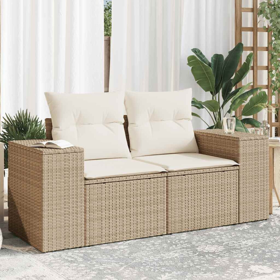 vidaXL Tuinbank 2-zits met kussens poly rattan beige afbeelding 1