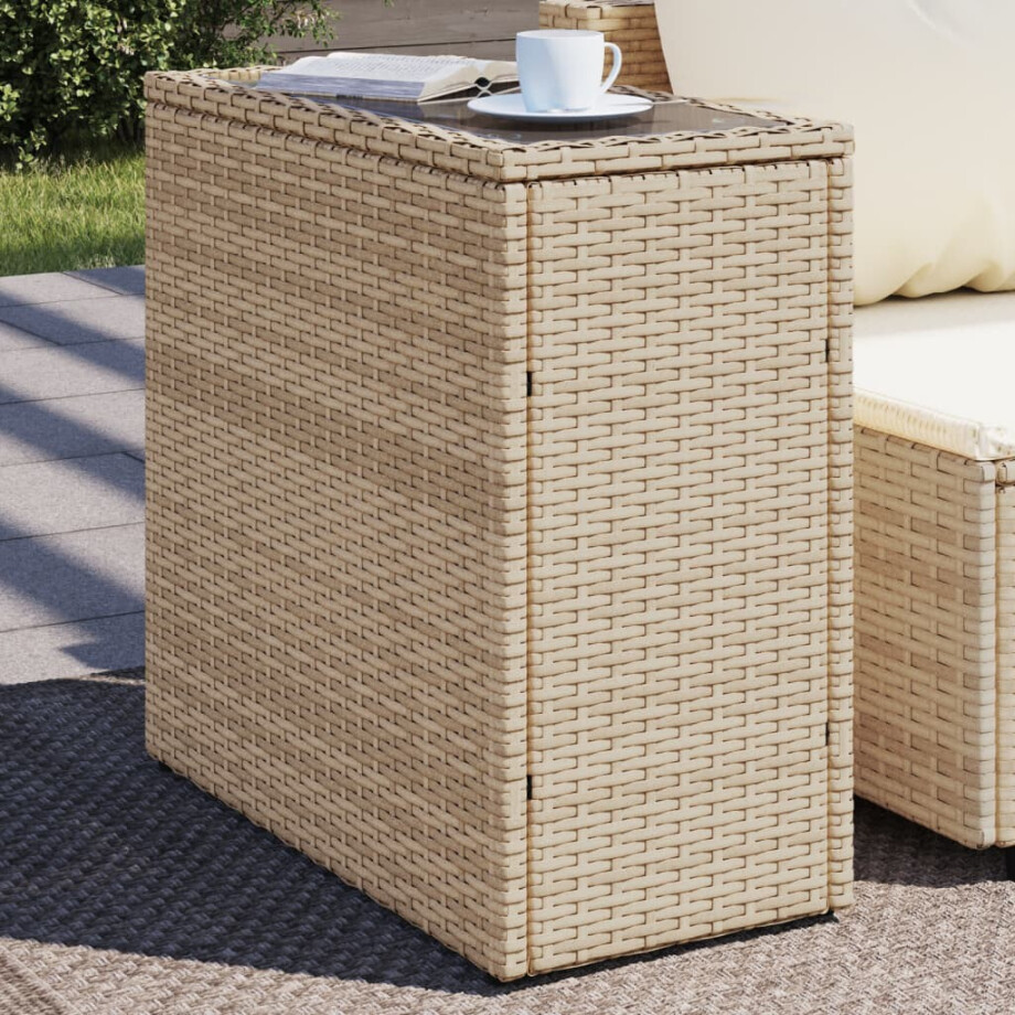 vidaXL Tuinbijzettafel met glazen blad 58x27,5x55 cm poly rattan beige afbeelding 1