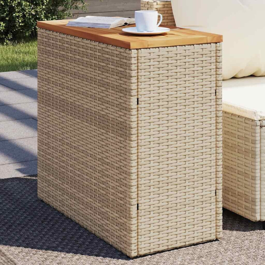 vidaXL Tuinbijzettafel met houten blad 58x27,5x55 cm poly rattan beige afbeelding 1
