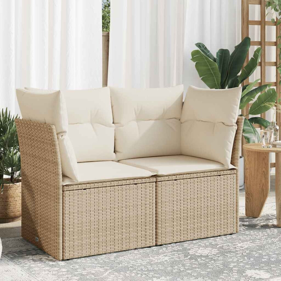 vidaXL Tuinbank 2-zits met kussens poly rattan beige afbeelding 1