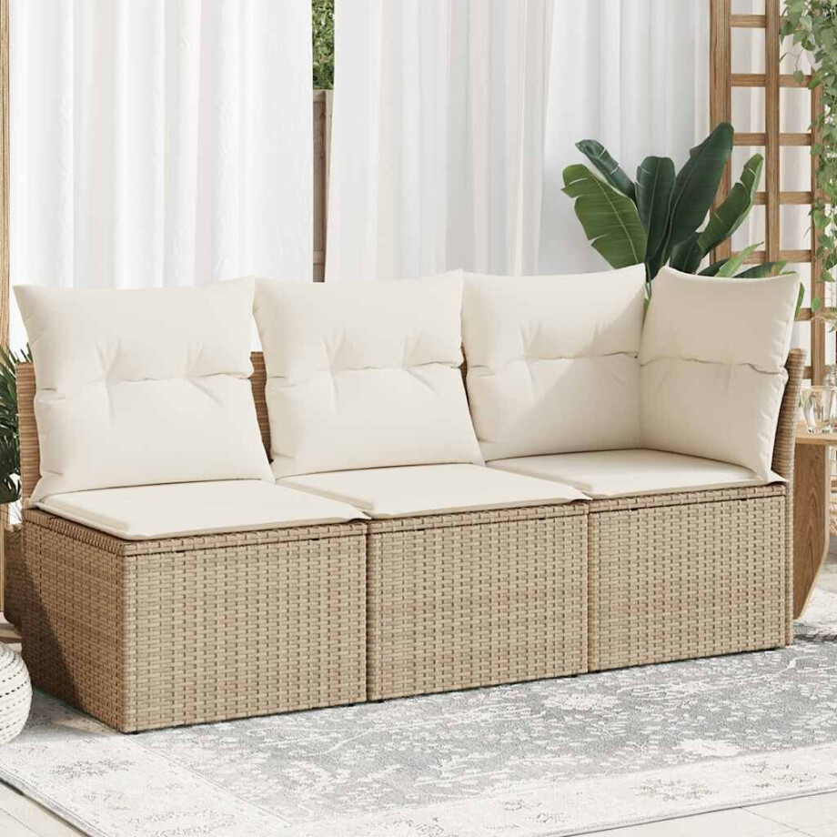 vidaXL Tuinbank 3-zits met kussens poly rattan beige afbeelding 1