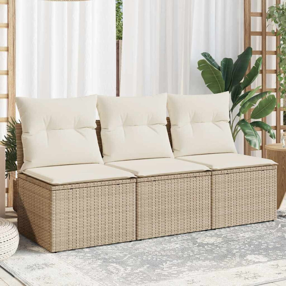 vidaXL Tuinbank 3-zits met kussens poly rattan beige afbeelding 1