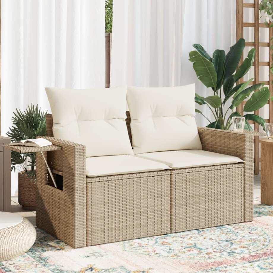 vidaXL Tuinbank 2-zits met kussens poly rattan beige vidaXL Tuinbank 2-zits met kussens poly rattan beige afbeelding 1