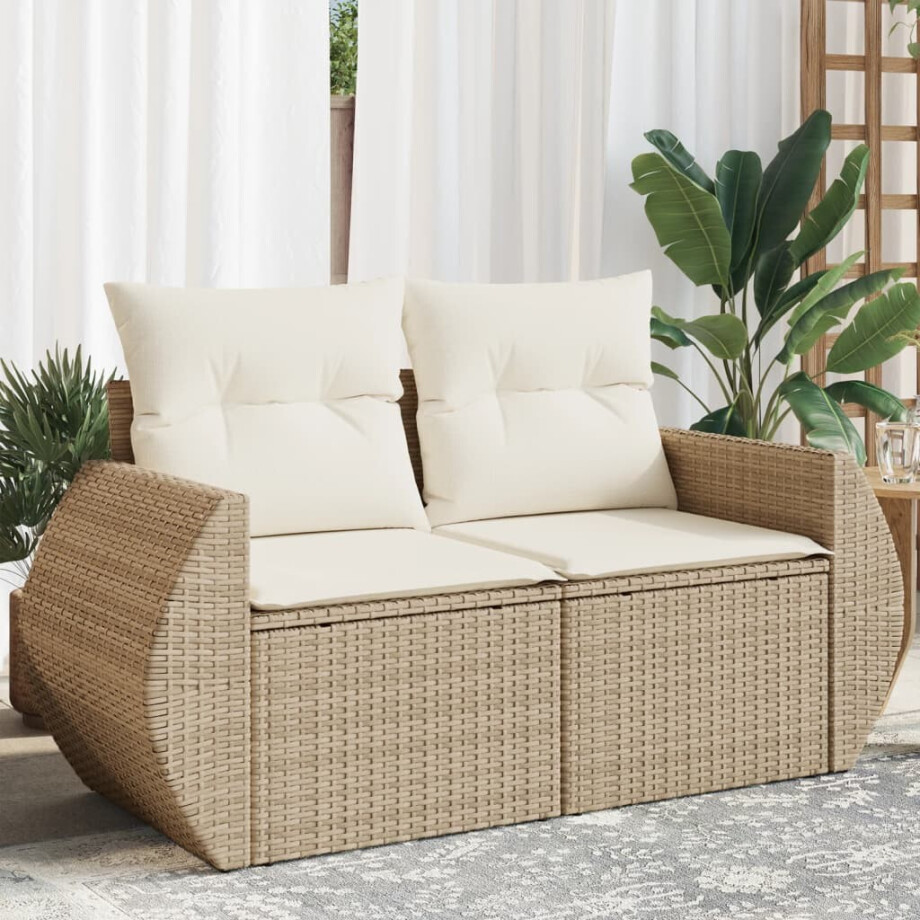 vidaXL Tuinbank 2-zits met kussens poly rattan beige afbeelding 1