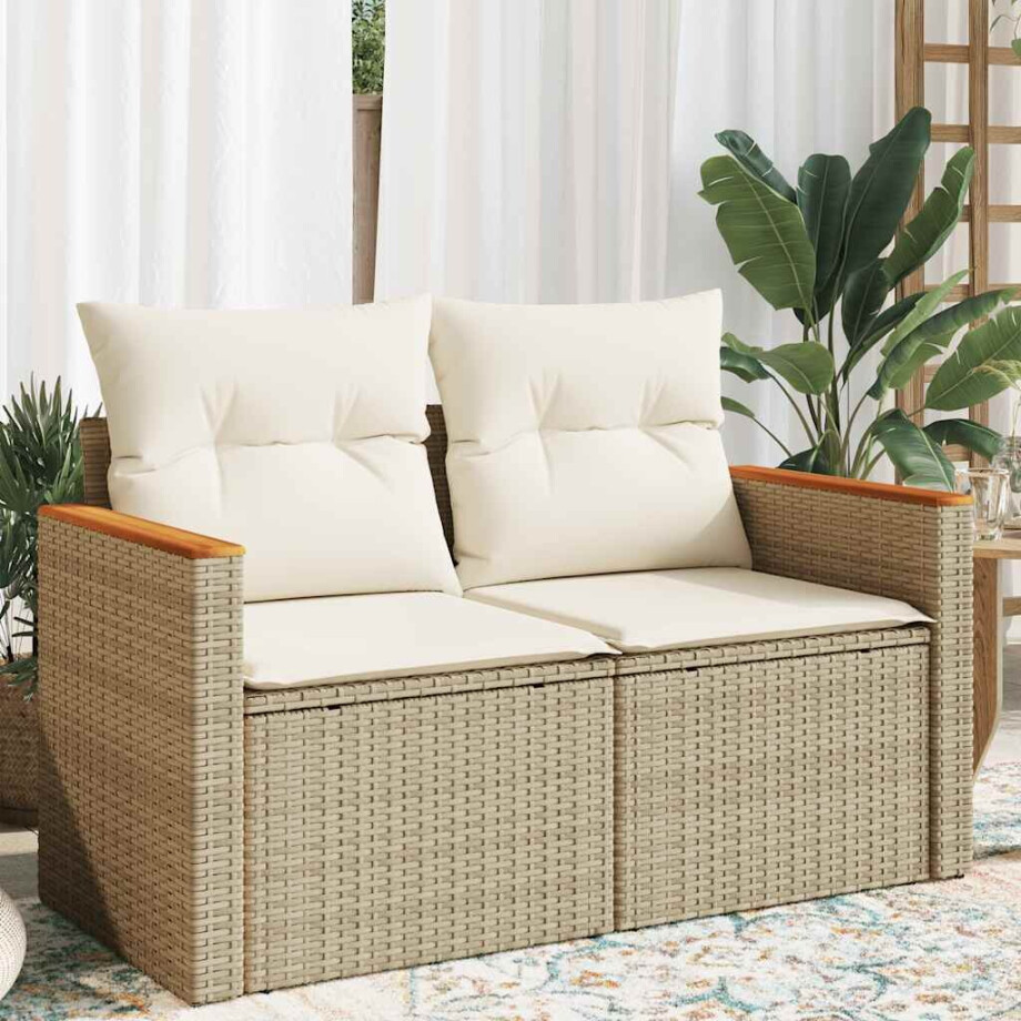 vidaXL Tuinbank 2-zits met kussens poly rattan beige vidaXL Tuinbank 2-zits met kussens poly rattan beige afbeelding 1
