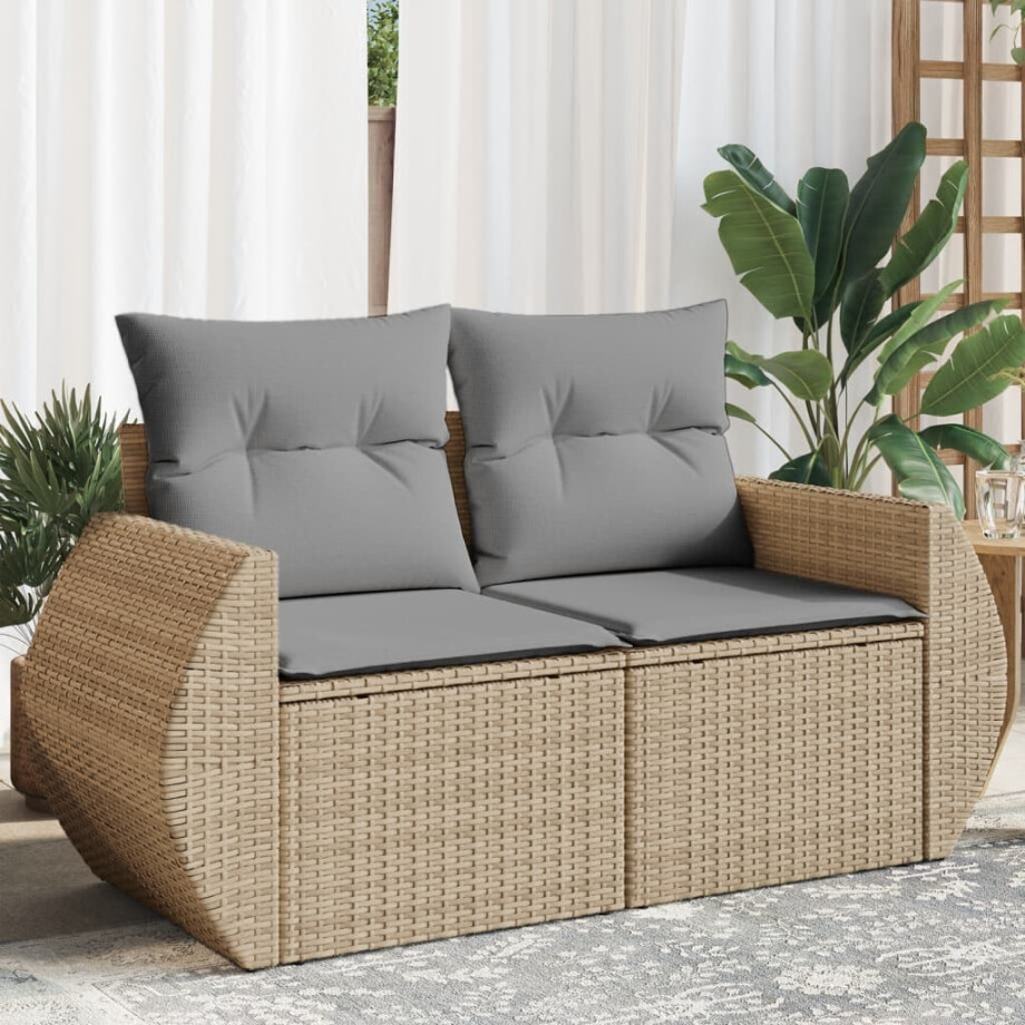 vidaXL Tuinbank 2-zits met kussens poly rattan beige afbeelding 1